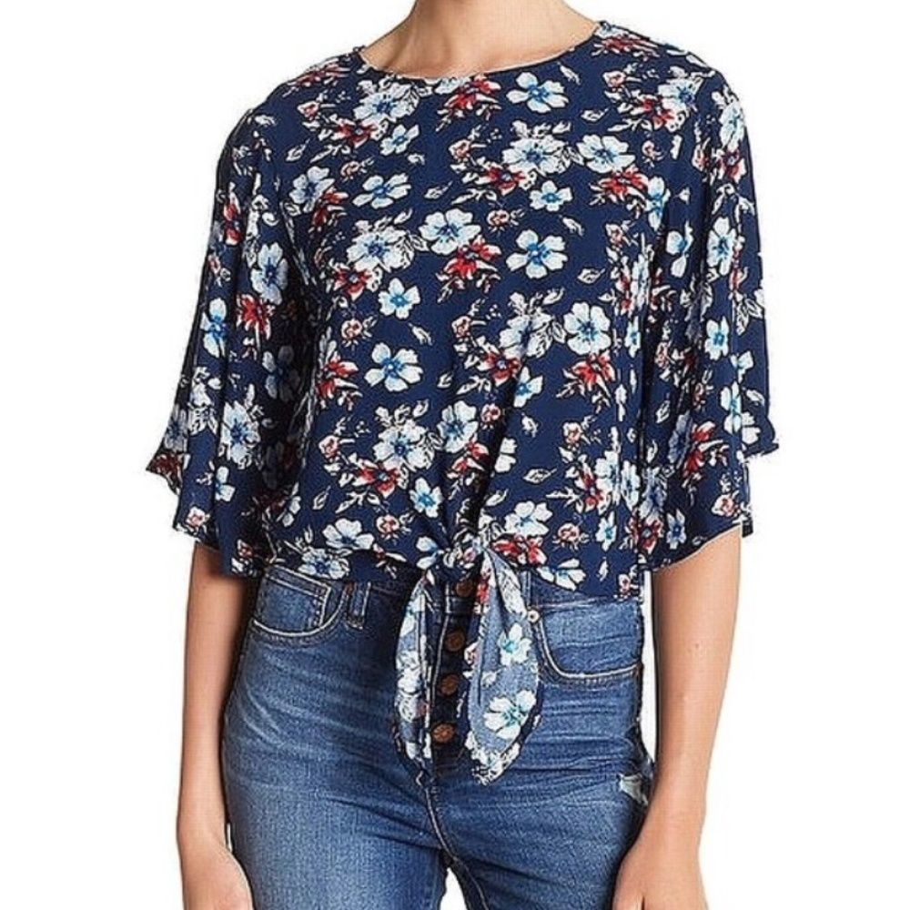 Elodie Women Small Blue Floral Tie Front Keyhole Blouse w/ Butterfly Sle…